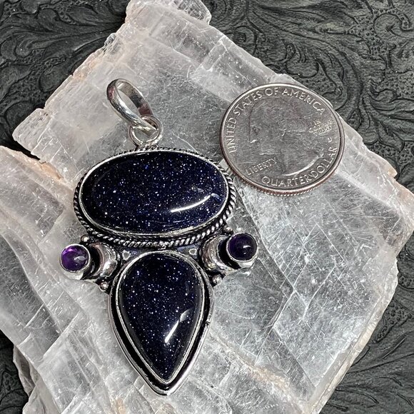 Witchy Fairy Core Blue Goldstone Amethyst Crescent Moon Pendant Crystal Stone Je - Picture 5 of 5